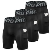 Men's Compression Shorts Running Gym Yoga Athletic Workout Underwear with Pocket 3 Pack Size L